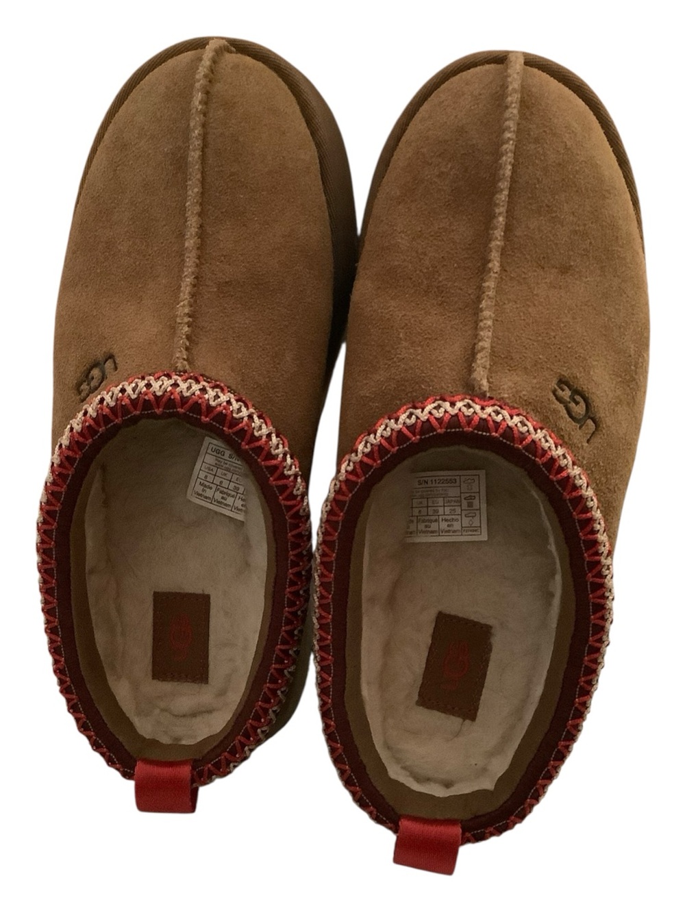 UGG Men's Brown Suede Shearling-Lined Slip-On Loafers with Red Trim